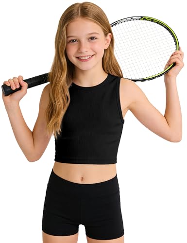 Image of Auranso Girls Tank Tops 2 Pack Ribbed Knit Sleeveless Crop Tops for Kids
