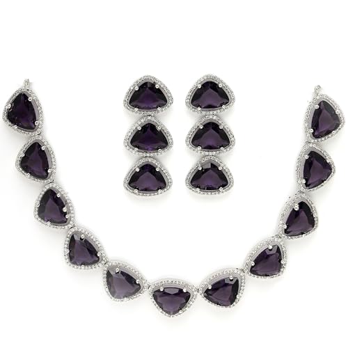 Image of ZENEME Rhodium Plated Silver Toned Triangular Shaped American Diamond Studded Jewellery Set For Women and Girl