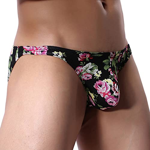 Xinshide Men's Underwear Sexy Floral Printed T Back G String Briefs Thongs Vintage Retro Panties Breathable Stretch Low Rise U Convex Bulge Pouch Underpants Bikini Knickers Trunks Lingerie Black #TOP4