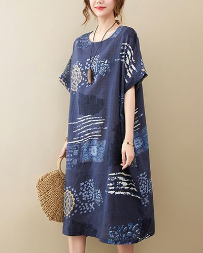 Image of LUZU JUNU Women's Summer Baggy Plus Size Loose Cotton Linen Long Boho Beach Dress with Pockets
