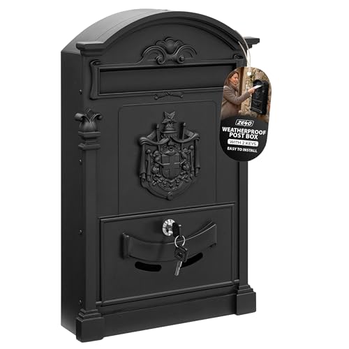 ZENO Letter Box Wall Mounted | Postbox | Large Traditional Post Box Mailbox | Post Letter Box for Home | Vintage Classic Mail Box with 2 Keys | Easy to Install | Keep Your Mail Safe (Black)