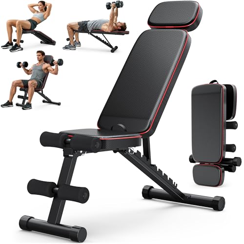 XDDIAS Workout Bench, 10 Backrests Adjustable Weight Bench with Extended Headrest, 800LBS Foldable Weight Bench for Home Gym, Incline Decline Flat Bench Compact for Small Space Training, Black