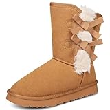 febatn Women's Mid-Calf Winter Snow Boots Genuine Suede Winter Boots with Bow Fur Lining Memory Foam Winter Shoes Water Resistant