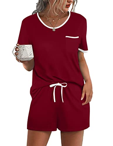 Image of Ekouaer Pajama Set for Women 2 Piece Lounge Set Short Sleeve Tops and Shorts Soft Sleepwear, Chest Pocket