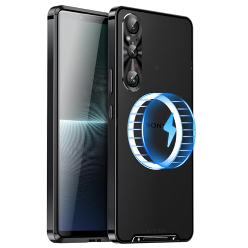 Metal Case for Sony Xperia 1 V (2023), Military-Grade Metal Bumper Shockproof Translucent Cover Matte PC Back Cover with Magnetic Wireless Chager Camera Lens Protection for Sony Xperia 1 V (Black)
