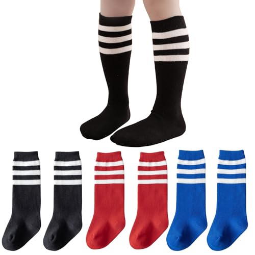 3 Pairs Kids Soccer Socks Toddler Baby Boys Girls Baseball Softball Socks with Stripes Tube Socks Knee High Socks