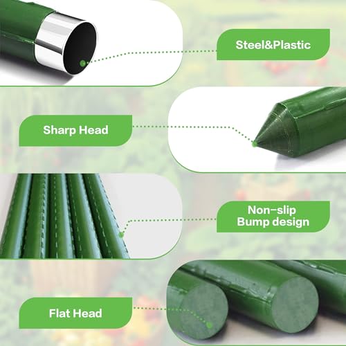 BOTINDO Metal Tomato Garden Stakes,48" Sturdy Steel Plant Green Sticks, Plastic Coated Stake Post, Yard Plant Support Cage for Potted Plants, Tomatoes, Trees, Cucumber, Fences, Beans, Pack of 25
