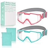 Pixel Panda 2 Pack Swim goggles for Kids 6-14, 3-Window Wide Vision Pool Goggles for Boys and Girls, No leak Anti-Fog Anti-UV, Green & Pink