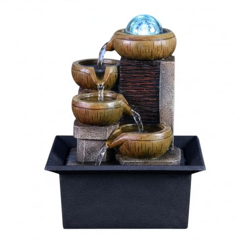 Image of Homelya Tabletop Waterfall Fountain with LED Hand-Crafted Design Tranquil 4-Tier - Tiered Stone Tabletop Rotating Ball Rock Waterfall Fountain for Home, Office Patio & Meditation Decor