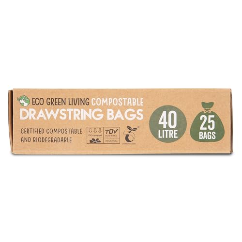 Eco Green Living 40L Drawstring Bin Liners, Compostable & Recyclable Food Waste Bags, Plastic Free Leak Resistant Bin Bags, Fits 30L and 40L Bins - 25 Bags