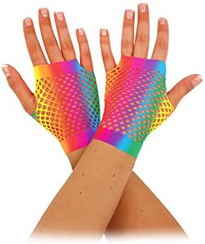 HENBRANDT Rainbow Short Fingerless Fishnet Gloves - LGBTQ+ Pride Accessories, Wrist Length Stretchy Mesh Neon Gloves for 80s 90s Fancy Dress - Women's Accessories