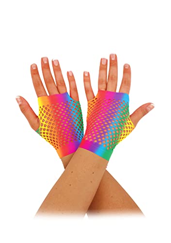 HENBRANDT Regenbogen-Fischnetz-Handschuhe, kurz, fingerlos, LGBTQ+, Pride, Zubehör, Handgelenklänge, dehnbares Netzgewebe, Neonhandschuhe, 80er-, 90er-Jahre Zubehör für Damen, regenbogenfarben, One