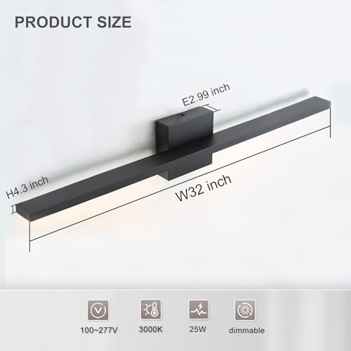 Image of Lonruka Bathroom Light Fixtures Over Mirror, 32 Inch Black Bathroom Vanity Light, LED Modern Wall Sconce 3000K Bar Vanity Lights for Restroom