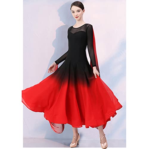 Costume De Performance De Compétition De Valse Robe De Danse Standard Nationale À Manches Longues pour Femmes Robes Foxtrot De Salle De Bal Professionnelles Pente Jupe De Flamenco Élégante,Rouge,3XL – vue 5