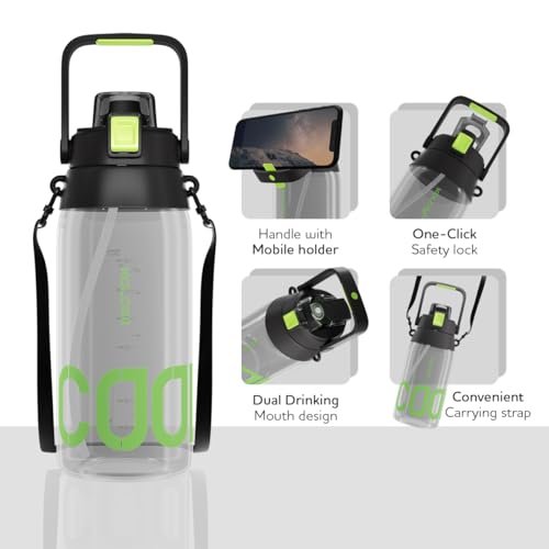 Image of KOLORR Sprint+ 2000 ml Fitness Gym Non-Toxic Water Bottle|Dual Opening Mount Design with Mobile Holder|Motivational Bottle|Durable Handle, Easy to Carrying Strap, One-Click Lock - Black & Green