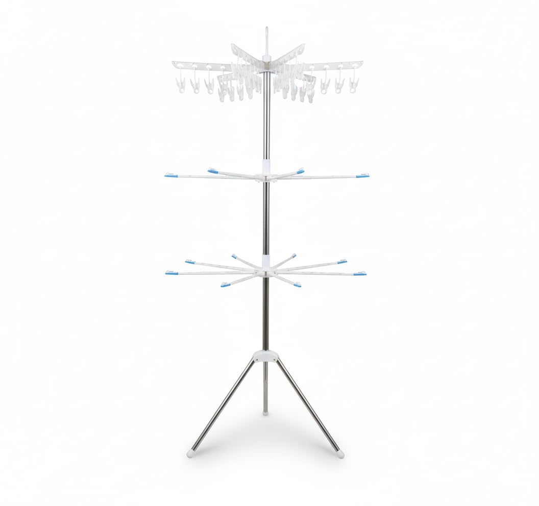 Generico Stendibiancheria Verticale Salvaspazio 170 cm – Stendino a Torre con Bracci Rotanti 360°, Pieghevole, per Interni ed Esterni, Base Stabile a Treppiede
