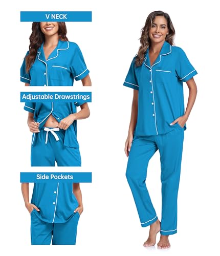 Image of CF Womens 100% Cotton Pajamas Set Button Down Pjs Sets Short Sleeve Top & Long Pants Sleepwear Comfy Loungewear with Pockets