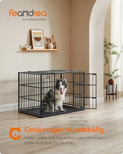 Feandrea Hundekäfig hochbelastbar, Hundebox, 107 x 70 x 75 cm, für mittelgroße und große Hunde, mit herausnehmbarer Bodenschale, Doppeltüren, leicht zu reinigen, Haustierkäfig, tintenschwarz PPD005B01