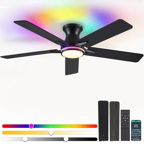 Image of 52 inch RGB Ceiling Fans with Lights and Remote /APP,Black Low Profile Ceiling Fans,Modern Flush Mount Ceiling Fans for Bedroom Kids Room