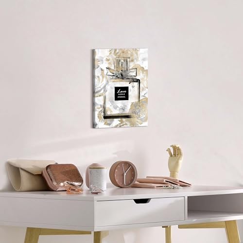 Image of HILL WEST Fashion Glam Wall Art - Perfume Bottle Canvas Picture Elegant Gold Floral Painting Contemporary Prints Modern Artwork for Girls Makeup Room Bedroom