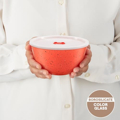 Image of Borosil 500ml Kube Pink Serving & Mixing Bowl with Lid | Made in India Borosilicate Glass Bowl for Kitchen & Dinning | Bowl for Mixing Dough, Salad, Batter | Microwave & Dishwasher Safe