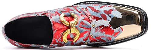 Santimon Mens Loafers Casual Dress Slip On Mocassins Gold Chain Metal Square-Toe Genuine Leather Heel Penny Loafers Wedding Party Disco Western Cowboy Ballroom Prom Shoes3