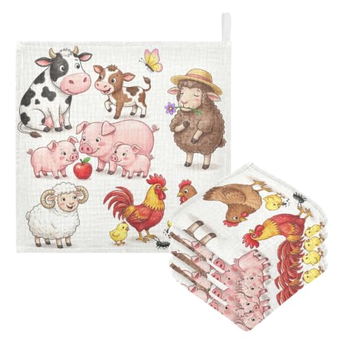 Image of Cow Pig Sheep Chick Burp Cloths for Boys Girls, 3 Pack Farmhouse Animals Muslin Washcloths, Newborn Face Bath Towel, Soft Absorbent Cotton Wash Cloth, Baby Registry, 12 x 12 Inch