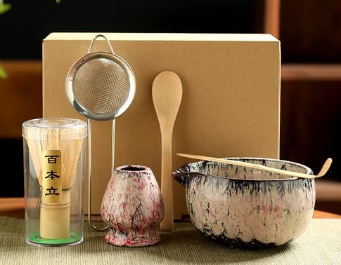 6 Piece Matcha Tea Set with Bamboo Whisk, Teaspoon, Matcha Bowl, Whisk Holder for Tea Lovers