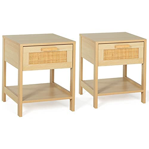 IDMarket - Lot de 2 Tables de Chevet Vintage Elin 1 tiroir 1 étagère Effet Naturel cannage