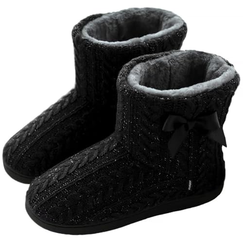 GURGER Chausson Montant Femme Fourrure Chaud Hiver Chaussons Bottes Pantoufles Bottines Peluche Doublé Maison Slipper Noir Taille 39 40