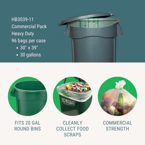 Image of EcoSafe-6400 HB3039-11 Certified Compostable Bag - 30x39 inch Green Bags for 30 Gallon Bin - Extra Strong Leak, Puncture and Tear Resistant Food Scraps Bin Liners, Pack of 96