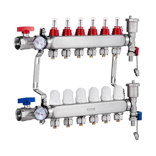 Miniatura 9 de Vevor Colector De Calor Radiante De 6 Derivaciones, Colector De Tubería Pex De Acero Inoxidable Sus304 Para Calefacción Por Suelo Radiante Hidrónico, Con Adaptadores, 490 X 370 X 110 Mm, 0-5 L Min