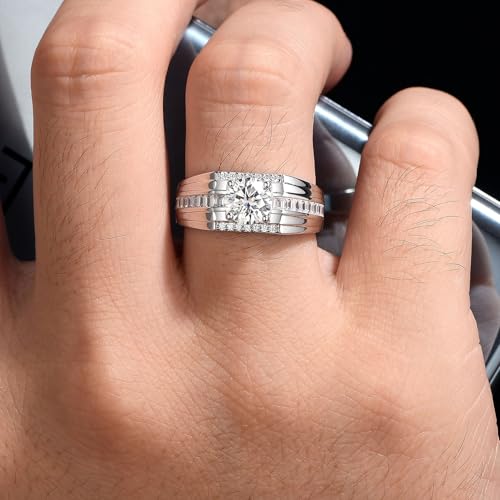 Mens Moissanite Wedding Ring Band Solitaire Stone 925 Sterling Silver Ring 2cttw D Color VVS1 Clarity Brilliant Round Cut Engagement Rings For Men Size 7-143