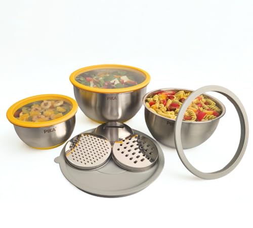 Pika | Lot de 3 Bols en Inox avec Couvercles en Verre + 3 râpes intégrées | Cul de poule inox 4 en 1 |Empilables | Idéal Repas, Pique-Nique, Préparation