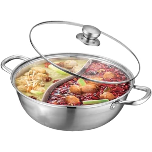 MsiDtsoy 二つ鍋 大容量 両手鍋 割鍋 仕切り付き しゃぶしゃぶ 2つの味が同時に楽しめる ステンレス鍋 同時調理可能 調理中家族、パーティー、春、夏、秋、冬に適しており、ガラス透明蓋多機能です鍋 (30cm)