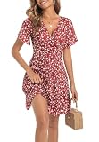 Oyamiki Boho Kleid Damen A Linie Fließendes Kleider Sommer Blumen Sommerkleid mit Taschen Cute Kurzarm Damenkleid Weinrot M