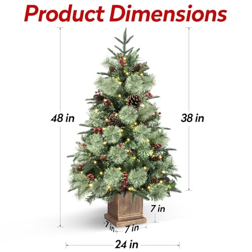Jin&Bao 4Ft Potted Christmas Tree With 100 Lights, Artificial Christmas Tree Outdoor Decor 8 Mode Timer Waterproof With Long Pine Cones & Red Berries For Front Door thumb #1