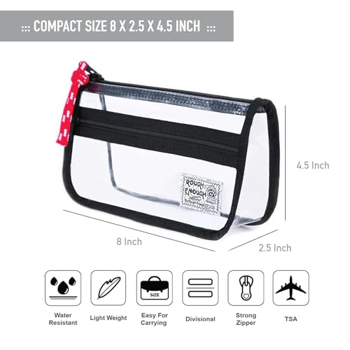 Image of Rough Enough Clear Pencil Case for School, 60+ Pencils Capacity, Black