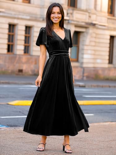 Image of Simplee Women's Velvet Maxi Dress V Neck Short Sleeve Empire Waist Semi Formal Long Cocktail Dresses