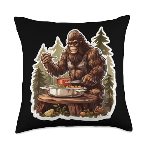Bigfoot Sasquatch Halloween Chef Cooking Apparel Bigfoot Chef Sasquatch Cooking Food Funny Foodie Throw Pillow, 18x18, Multicolor