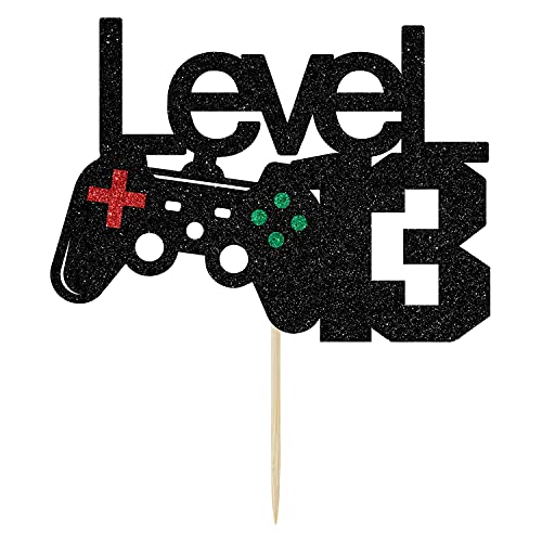 Image of FestikoBlack Glitter Level 13 Cake Topper - Level Up 13th Birthday Cake Topper - Happy 13th Birthday, 13 Year Old for Gamer Theme Party Decorations