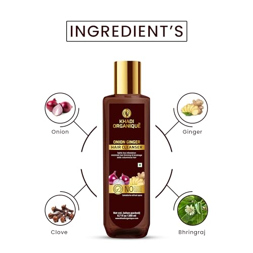 Image of Khadi Organique Onion & Ginger Hair Shampoo | Herbal Cleanser Formula For Dandruff & Itchy Scalp | Nourishing, Hydrating & pH Balanced | Reduce Hair Thinning, Adds Volume | SLS & Paraben Free - 200ml