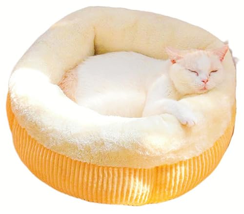 ZanPol ペットベッド 冬用 ペット ベッド 猫 犬 ベッド 冬用 猫 クッション ペット用ベッド 円形 猫 冬寝袋 かわいい 保温防寒 子犬 猫用 寝床 ペットソファ 滑り止め 多機能 休憩所 眠れる 暖かい マット 洗える (S,イエロー)