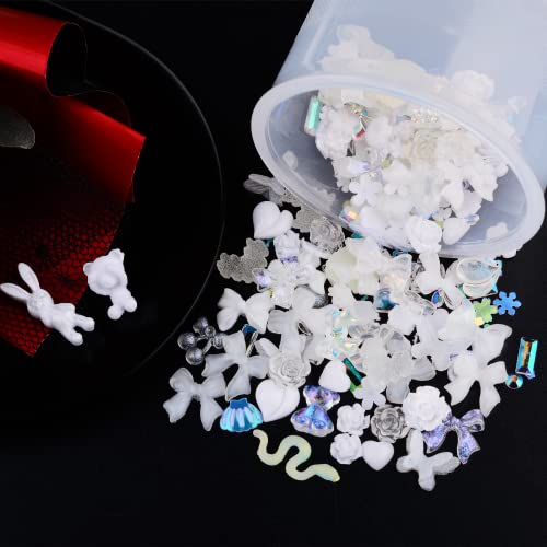 Kikonoke 100 Pieces 3D Resin Butterfly Bear Nail Charms Rose Flower Peach Skirt Bow Deer Snake Rabbit Animal Shaped Nail Art Rhinestones Pearls For Diy Nail Art Decoration Making Craft (White) #TOP5