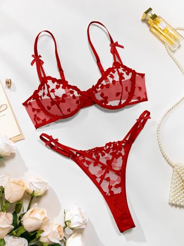 Image of Lilosy Sexy Underwire Cute Push Up Strappy Embroidered Mesh Sheer Lingerie Set See Through Panty Bra