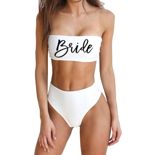 Bride Women 2 Pieces Bandeau Bikini Squad Swimsuits Off Shoulder High Waist Wifey Cheeky Bikinis Set…