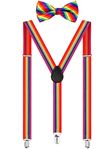SATINIOR Suspender and Bow Tie Set 80s Clip on Suspenders for Men Women(Rainbow)