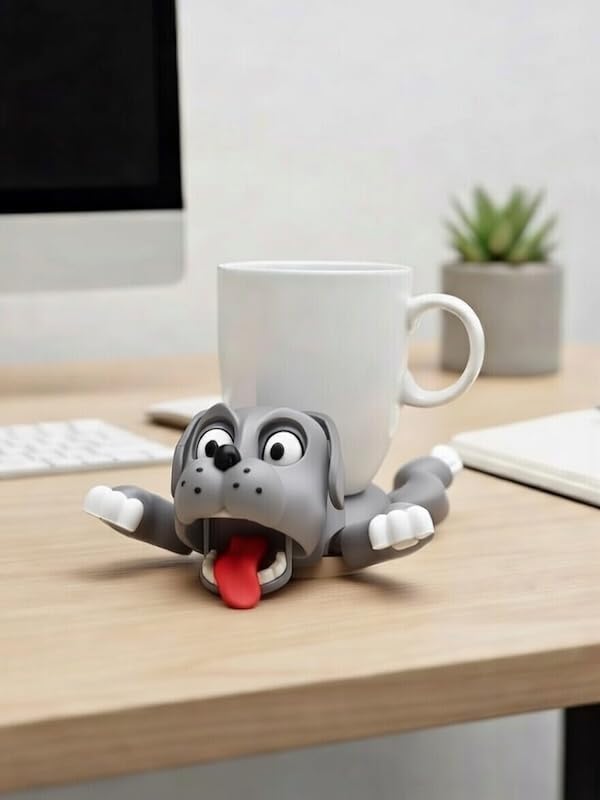 3D Baskılı Hareketli Köpek Figürlü Bardak Altlığı – Eğlenceli Dekor Coaster – Hediye & Masaüstü Aksesuar – Renk Seçenekleri (Gri)