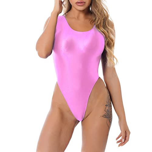 iiniim Mujer Traje de Baño de Una Pieza Corte Alto Brillante Mini Monokini sin Respaldo Micro Bikini Bañador Mujer Sexy Ropa de Baño Natación Tanga Body A Rosa M