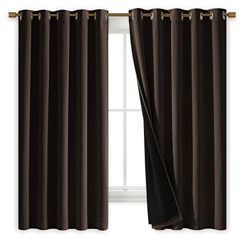 Image of NICETOWN Complete 100% Blackout Curtains, Thermal Insulated & Energy Efficiency Window Draperies with Black Liner, Noise Reducing Short Curtains for Kids Room (Brown, 70-inch W by 63-inch L, 2 Panels)